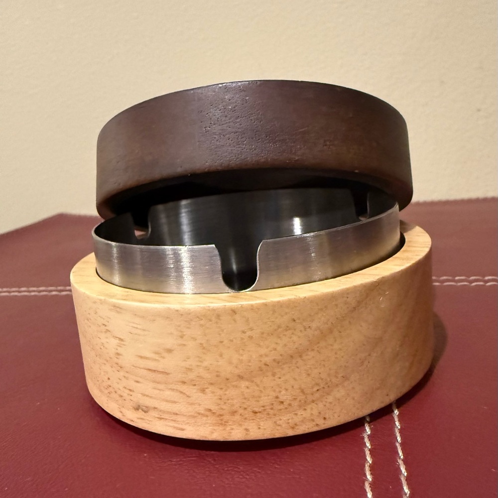 Natural Wood and Stainless Steel Ashtray with Lid EUC
